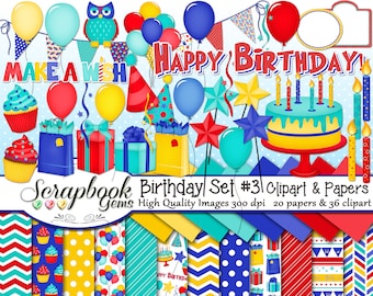 BIRTHDAY Set #3 Clipart and Papers Kit, 36 png Clip arts, 20 jpeg Papers Instant Download party parties balloon cake cupcake gift candles