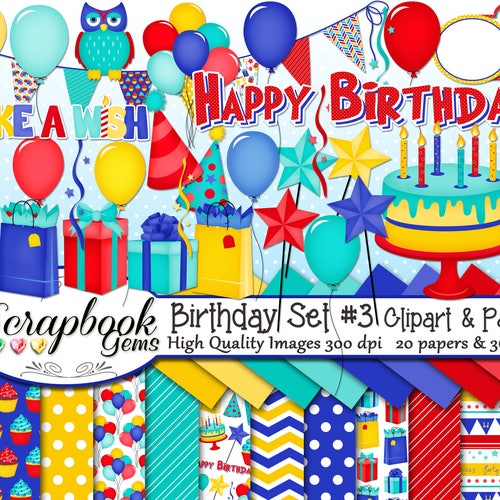 BIRTHDAY Set 3 Clipart and Papers Kit 36 Png Clip Arts 20 - Etsy