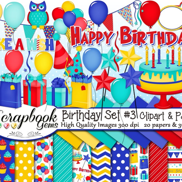 BIRTHDAY Set #3 Clipart and Papers Kit, 36 png Clip arts, 20 jpeg Papers Instant Download party parties balloon cake cupcake gift candles