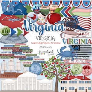 May include: A digital scrapbook paper pack with 60 clipart images featuring Virginia state symbols, landmarks, and text. The images include a red cardinal, a crab, a ship, a house, a tree, and a state seal. The text includes "Virginia", "Old Dominion State", and "VA45678".