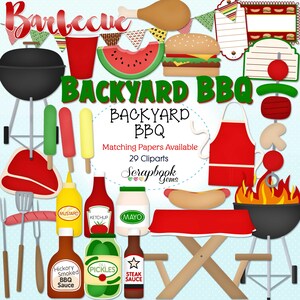 May include: A set of 29 digital clipart images for scrapbooking and crafting. The images feature a backyard barbecue theme with items like a grill, food, drinks, and picnic table. The text "Backyard BBQ" is featured in the image.