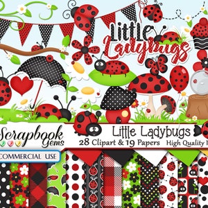 LITTLE LADYBUGS Clipart and Papers Kit, 28 png Clipart files, 19 jpeg Paper files, Instant Download, ladybird, beetle, red balloon, spring