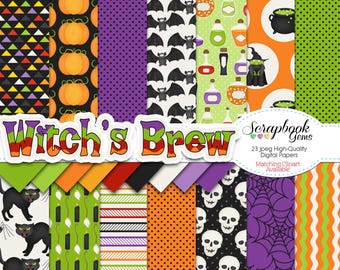 WITCH'S BREW Digital Papers, 23 Pieces, 12" x 12", High Quality JPEGs Instant Download witch halloween black cat spider potion cauldron