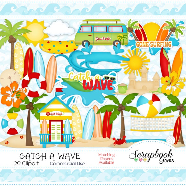 CATCH A WAVE Clipart, 29 png Clipart files Instant Download surf, surfboard, water waves, ocean, sand, vw van, beach volleyball, sand dollar