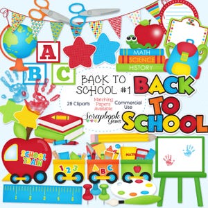 REGRESO A LA ESCUELA N.° 1 Clipart, 28 archivos PNG Clipart, Descarga instantánea, uso comercial, mochila, libro de texto, tren escolar, globo terráqueo, pintura de dedos