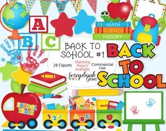 May include: A set of 28 colorful clip art images for back to school. The images include a school train, a globe, a star, a handprint, a ruler, a paint palette, a pencil, a backpack, a book, a chalkboard, and letters. The text "Back to School #1" is included in the image.
