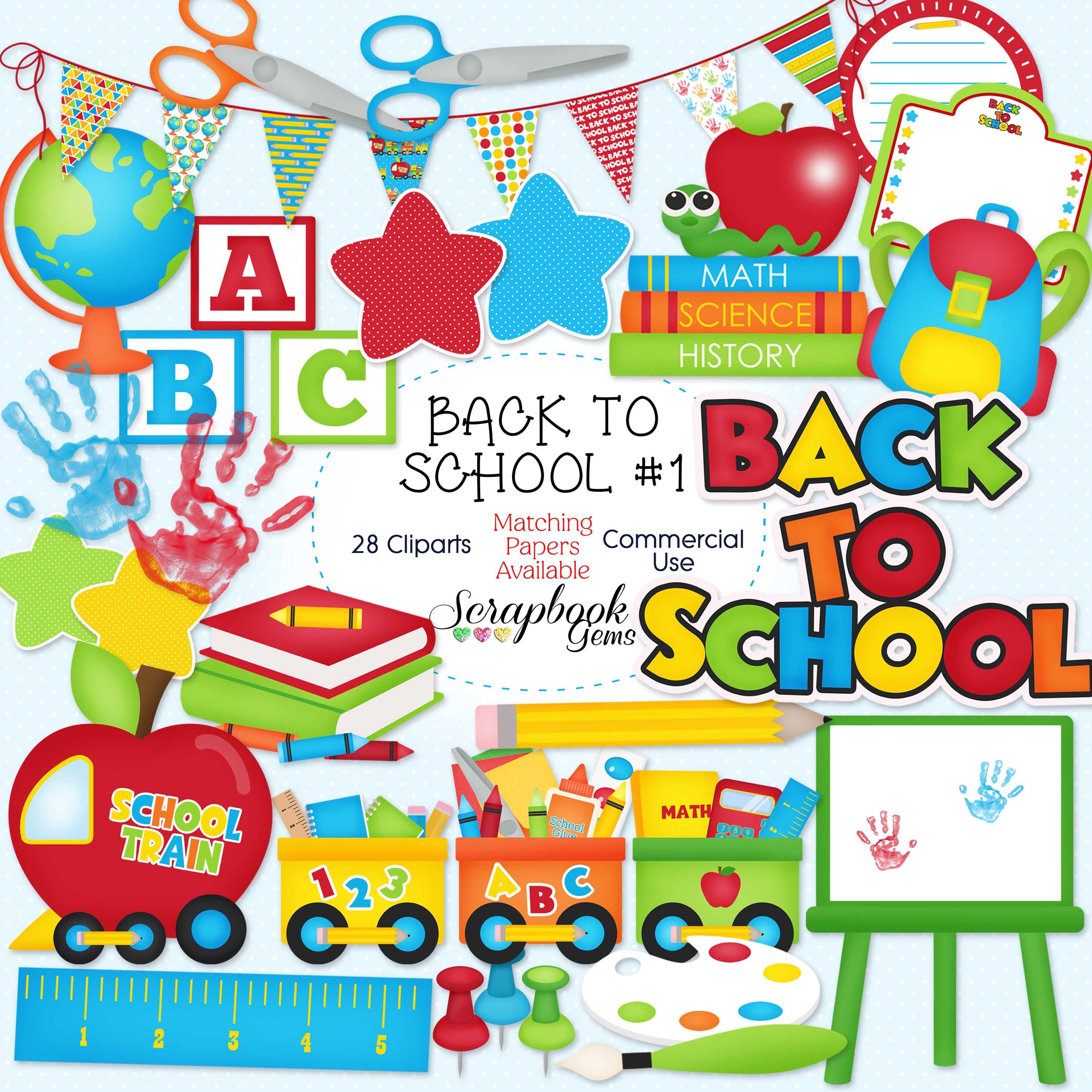 TERUG NAAR SCHOOL #1 Clipart, 28 png-clipartbestanden, Instant Download, commercieel gebruik, rugzak, leerboek, schooltrein, wereldbol, vingerverf