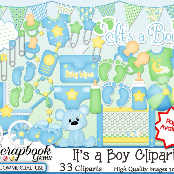 IT'S A BOY Clipart, 33  png Clipart files, Instant Download, commercial use, baby boy, baby shower, infant, footprints, crib, stroller, bib