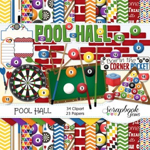POOL HALL Clipart and Papers Kit, 34 png Clip arts, 23 jpeg Papers Instant Download billiards dartboard darts pool table bricks balls dart