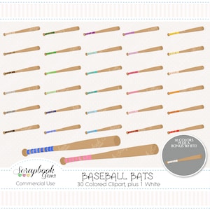 May include: A collection of baseball bats in various colors. Each bat has a light brown barrel and a handle wrapped in a different color, including green, blue, pink, and orange. The image includes the text "BASEBALL BATS" and "30 Colored Clipart, plus 1 White."