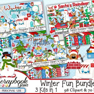 WINTER FUN BUNDLE - 3 Kits in 1, 98 Cliparts & 70 Papieren, Instant Download, Weihnachtsmann, Schneemann, Ski, Pinguin, Schlitten, Iglu, Schneeball, Rentier