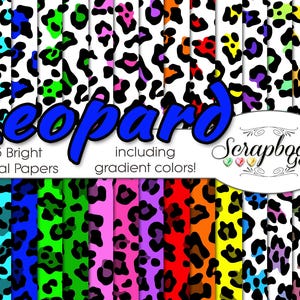 May include: 35 digital papers featuring leopard print patterns in bright colors, including gradient colors. The text "Leopard" is in blue and the text "Scrapbook Gems" is in white with colorful gems.