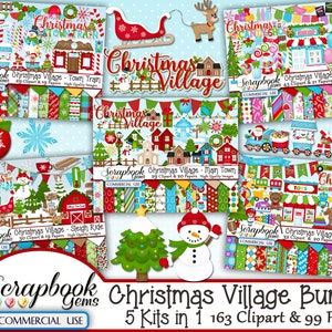 WEIHNACHTSDORF PAKET - 5 Kits in 1, 163 Cliparts & 99 Papieren, Sofort Download, Winter, Santa, Zug, Schneeflocke, Rentier, Schlittenfahrt