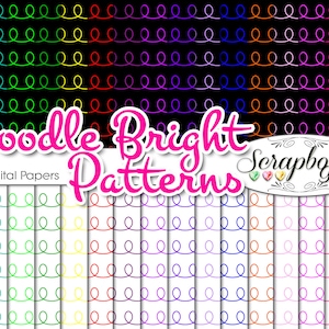 May include: A digital paper set featuring colorful doodle patterns. The image displays a variety of designs with repeating, wavy lines in multiple colors, including green, yellow, red, and purple, against both black and white backgrounds. Text reads "Doodle Bright Patterns" and "32 Digital Papers."