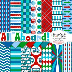 Papeles digitales ALL ABOARD, 20 piezas, 12" x 12", JPEG de alta calidad, descarga instantánea, vías de tren, ferrocarril, baby boy birthday shower