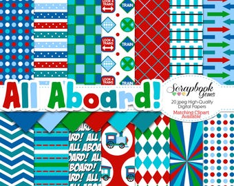 ALL ABOARD Digital Papers, 20 Pieces, 12" x 12", High Quality JPEGs, Instant Download train tracks railroad baby boy birthday shower