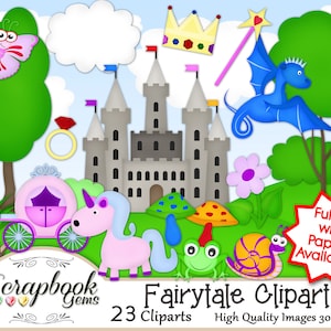 May include: A set of 23 fairytale clipart images, including a castle, a unicorn, a dragon, a frog, a snail, a butterfly, a carriage, a candy cane, a crown, a magic wand, and a ring. The images are in a cartoon style and are perfect for scrapbooking, card making, and other craft projects.