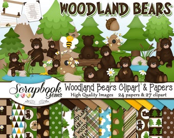 WOODLAND BEARS Clipart and Papers Kit, 27 png Clip Arts, 24 jpeg Papers Instant Download forest pine tree grizzly black bear bee hive acorn