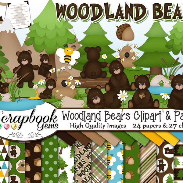 WOODLAND BEARS Clipart and Papers Kit, 27 png Clip Arts, 24 jpeg Papers Instant Download forest pine tree grizzly black bear bee hive acorn