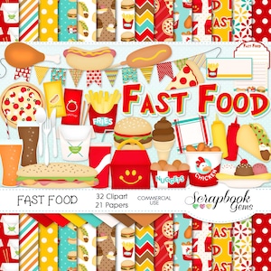 FAST FOOD Clipart en Papers Kit, 32 png Clip Arts, 21 jpeg Papers Instant Download diner hamburger frietjes hot corn dog pizza kip
