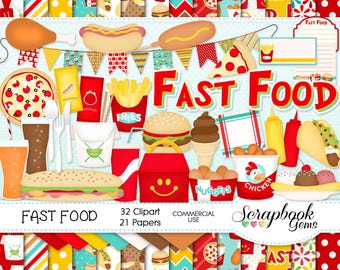 May include: A digital scrapbook paper pack with 32 clipart images and 21 papers featuring a fast food theme. The images include a hamburger, fries, pizza, hot dogs, chicken nuggets, ice cream cones, and more. The papers feature a variety of patterns and colors, including red, yellow, blue, and green.