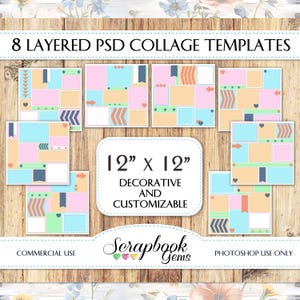 May include: Eight layered Photoshop collage templates in a 12x12 inch size. The templates feature a geometric design with pastel colors, including pink, blue, green, and orange. The templates are customizable and can be used for commercial purposes.