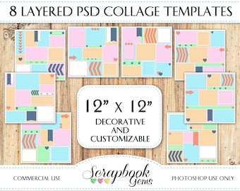 PHOTO COLLAGE Scrapbook Templates, Eight 12" x 12" Pocket Digital Scrapbook Layered PSD Format photoshop digiscrap blogboard editable