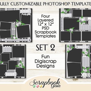 Four 12" x 12" Digital Scrapbook Layered Photo Templates, PSD Format digiscrap digi scrap customizable photoshop digiscrap photo collage