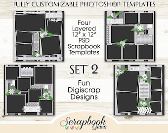 Four 12" x 12" Digital Scrapbook Layered Photo Templates, PSD Format digiscrap digi scrap customizable photoshop digiscrap photo collage