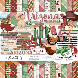 ARIZONA Clipart und Papiere Kit, 55 png Clip Arts, 20 jpeg Papiere Sofortiger Download USA, Arizona Karte, Saguaro, Wüste, Kaktus Eidechse
