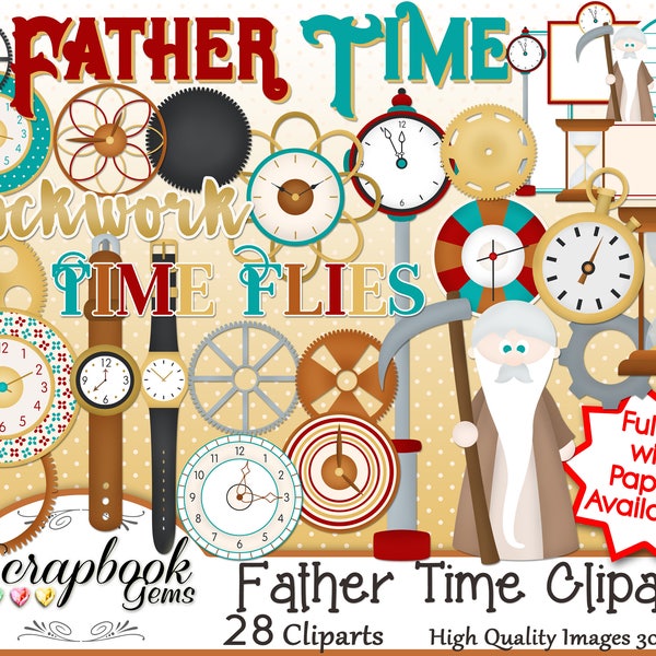 FATHER TIME Clipart, 28 png Clipart files Instant Download clock time piece hourglass steampunk gears watch watches clockwork tags minutes