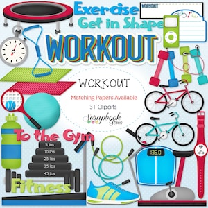 WORKOUT Clipart, 31 png Clipart files Instant Download weightlift weights bike bicycle trampoline fitness exercise scale dumbell treadmill