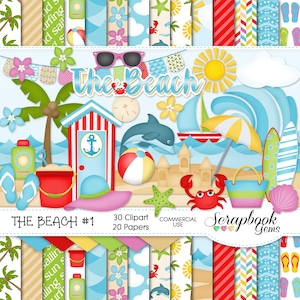 THE BEACH (Kit #1) Clipart & Papers, 30 png Clipart files, 20 jpeg Paper files, Instant Download surfboard crab sailboat sand castle beach