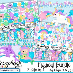MAGISCHES BUNDLE - 2 Kits in 1, 65 Cliparts & 39 Papers, Instant Download, Qualle, Mädchengeburtstag, funkeln, Sterne, Herzen, Fische, Muscheln