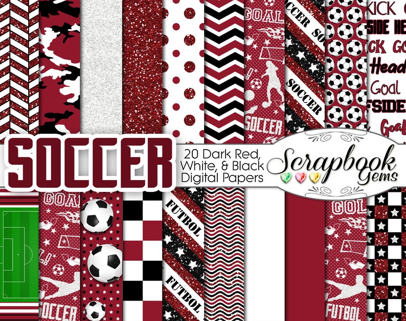 SOCCER Futbol Digital Papers Red, White, & Black 20 Pieces, 12" x 12", High Quality JPEGs Instant Download Commercial madrid barcelona usa image 1