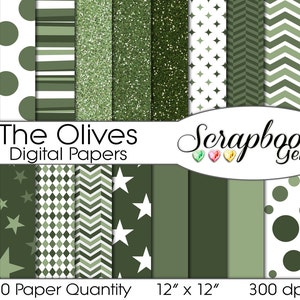 Puede incluir: Colección de papeles digitales para scrapbook en verde oliva y blanco, con diversos patrones como lunares, rayas, purpurina, chevrones y estrellas. El texto dice "The Olives Digital Papers" y "Scrapbook Gems". Cada papel mide 30,48 cm x 30,48 cm.