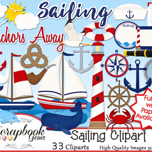 SAILING Clipart, 33 png Clipart files Instant Download tags lighthouse anchor help crab dolphin whale ocean sea sailboat sail boat nautical