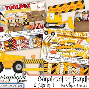 PACOTE DE CONSTRUÇÃO - 2 kits em 1, 64 cliparts e 42 papéis, download instantâneo, caminhão basculante, guindaste, obras rodoviárias, arado, carregadeira frontal, caixa de ferramentas
