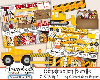 CONSTRUCTION BUNDLE - 2 Kits in 1, 64 Cliparts & 42 Papers, Instant Download, dump truck, crane, road work, plow, front-end loader, toolbox