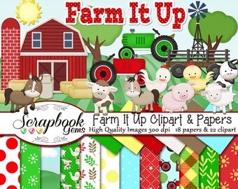 Farm it Up! Clipart & Papers Kit, 22 PNG Clipart files, 18 JPEG Paper files Instant Download cow horse chicken pig sheep ranch barn tractor