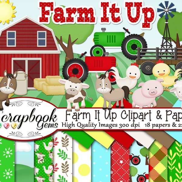 Farm it Up!  Clipart & Papers Kit, 22 PNG Clipart files, 18 JPEG Paper files Instant Download cow horse chicken pig sheep ranch barn tractor