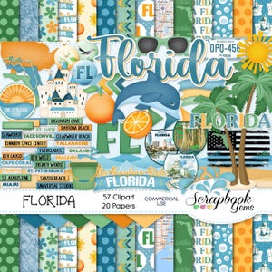 FLORIDA Clipart und Papiere Kit, 57 png ClipArts, 20 jpeg Papiere Sofortiger Download USA, Sunshine State, Orangen, Palme, Delphin