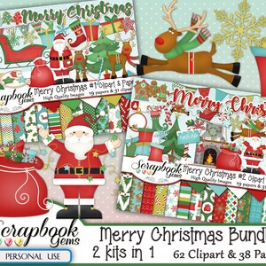 MERRY CHRISTMAS BUNDLE - 2 Kits in 1, 62 Cliparts & 38 Papiere, Instant Download, Santa, Geschenke, Geschenke, xmas, Rentier, Rudolph, Schlitten