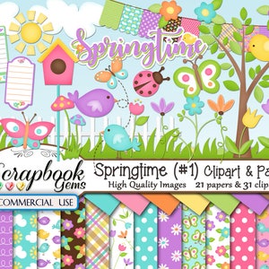 SPRINGTIME #1 Clipart & Papers Kit, 31 png Clipart files, 21 jpeg File di carta, Instant Download primavera pasqua coccinella giardino giardino farfalla