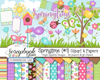 SPRINGTIME #1 Clipart & Papers Kit, 31 png Clipart files, 21 jpeg Paper files, Instant Download spring easter ladybug garden yard butterfly
