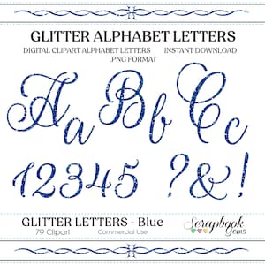 Blue Glitter Letters & Numbers Digital Clipart, 79 High Quality PNG files, Instant Download