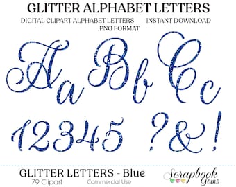 May include: Blue glitter alphabet letters and numbers in a cursive font. The letters include A, B, C, 1, 2, 3, 4, 5, question mark, ampersand, and exclamation point. The text "Glitter Alphabet Letters" and "Glitter Letters - Blue" are also included in the image.