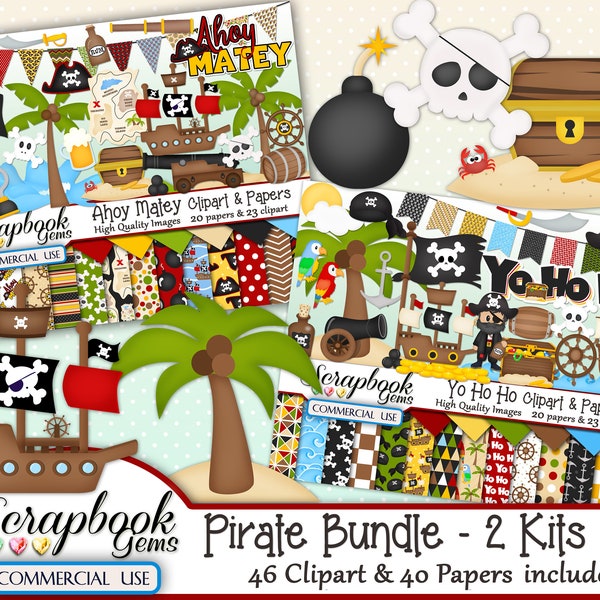 PIRATE BUNDLE - 2 Kits in 1, 46 Cliparts & 40 Papers, Instant Download, treasure chest, cannonball, ship, palm tree, skull, waves, gold coin