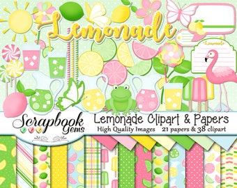 LEMONADE Clipart and Papers Kit, 38 png Clip Arts, 21 jpeg Papers Instant Download resort frog spa tropical drinks lemon lime baby flamingo