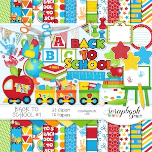 BACK TO SCHOOL #1 Clipart & Papiere Kit, 28 png Clipart Dateien, 19 jpeg Papierdateien, Instant Download, Rucksack, Globus, Zug, Bücher, Schere